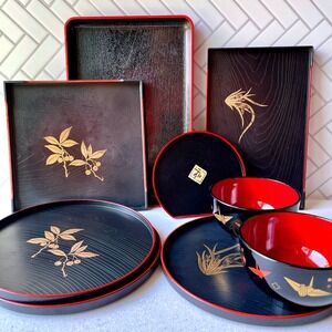 9pc Japanese Lacquerware Style Plastic Serving Set Black Red Gold Trays Bowls